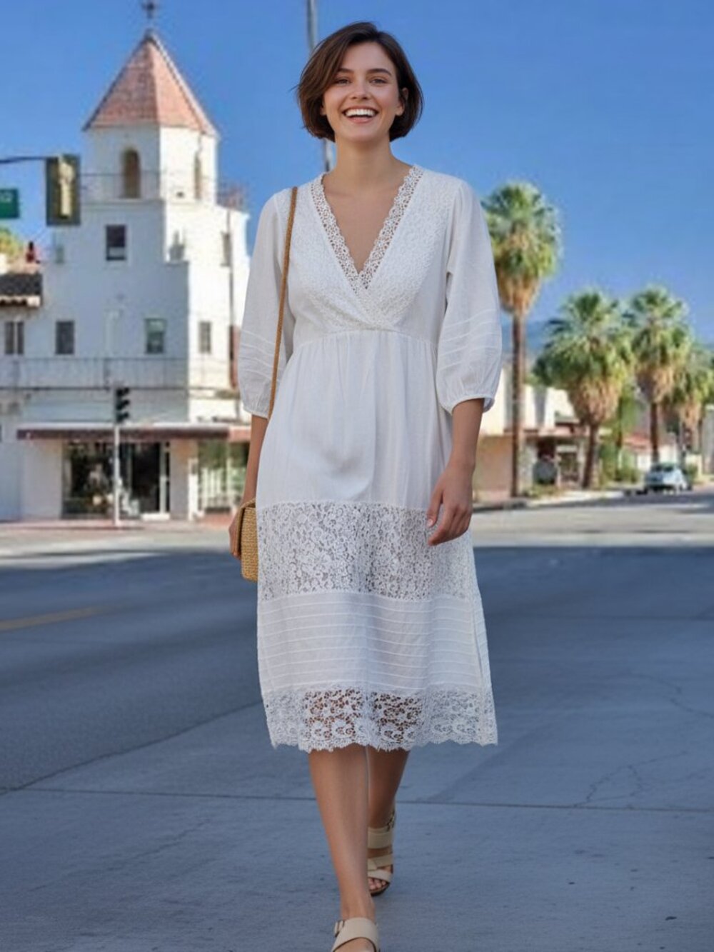 Soft Surroundings White Cotton Knee Length Dress Lace V Neck Large
